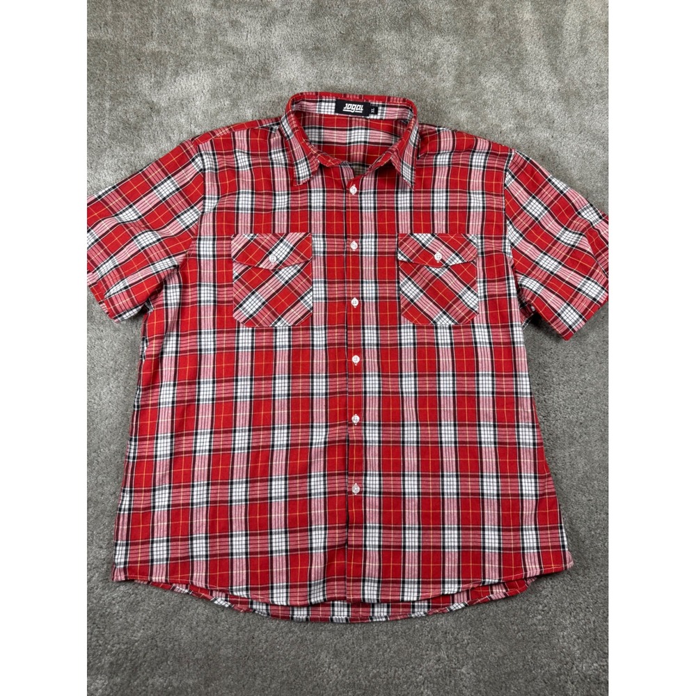 JOGAL Mens XL Red Plaid Short Sleeve Button Down Shirt Casual Pocket Top